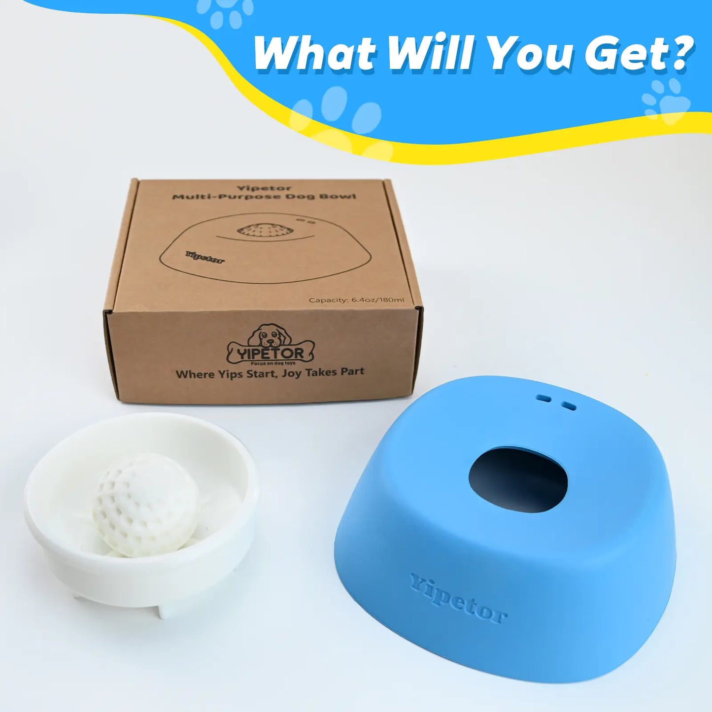 Yipetor Slow Feeder Dog Bowl with Built-In Rolling Ball for Liquid Treats - No Spill Bone Broth and Multi-Purpose Puppy Yogurt Feeder for All Breeds, Ideal for Dietary Supplements and Post-Operative Nutrition