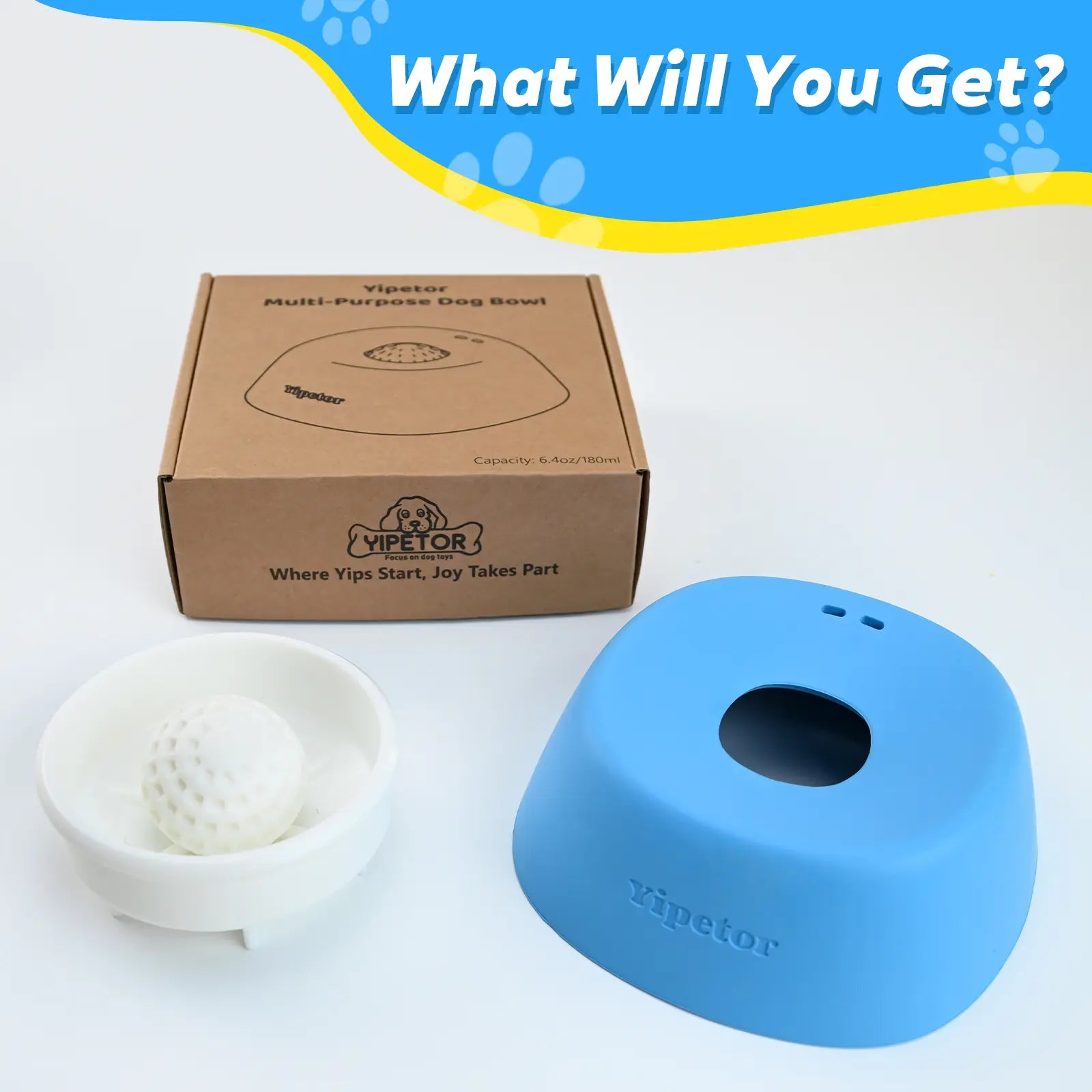Yipetor Slow Feeder Dog Bowl with Built-In Rolling Ball for Liquid Treats - No Spill Bone Broth and Multi-Purpose Puppy Yogurt Feeder for All Breeds, Ideal for Dietary Supplements and Post-Operative Nutrition