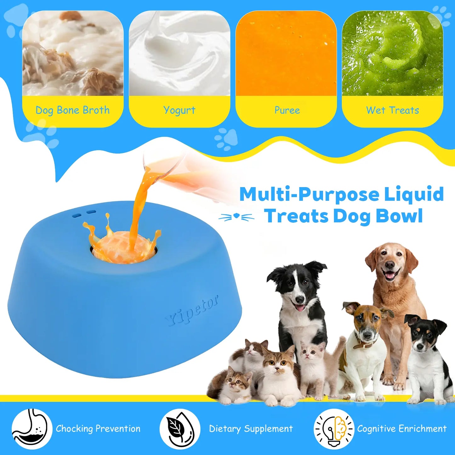 Yipetor Slow Feeder Dog Bowl with Built-In Rolling Ball for Liquid Treats - No Spill Bone Broth and Multi-Purpose Puppy Yogurt Feeder for All Breeds, Ideal for Dietary Supplements and Post-Operative Nutrition