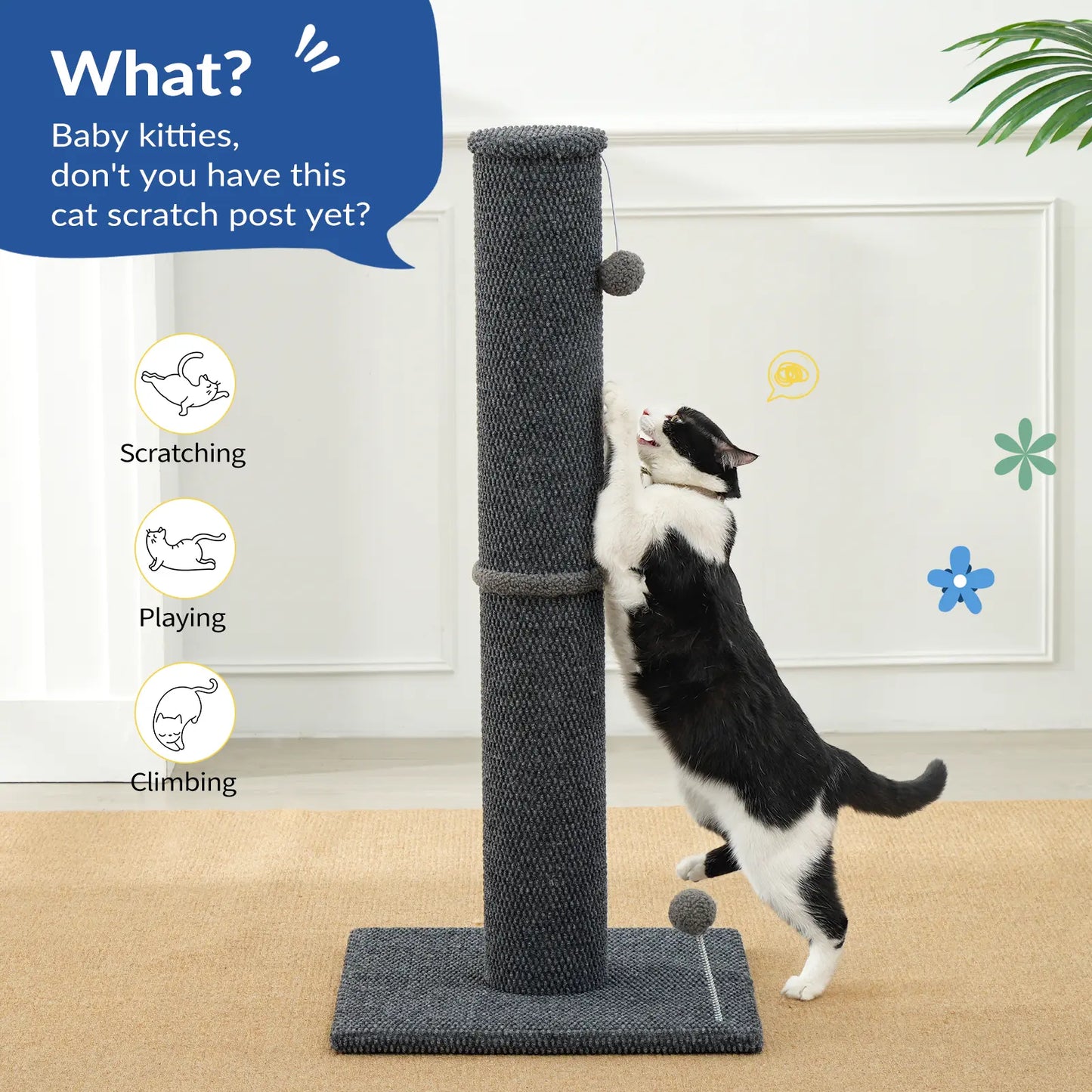 MADE 4 PETS 41-Inch Tall Cat Scratching Post - Gray, Large Vertical Scratcher with Replaceable Toys and Sturdy Base, Space-Saving Design, Imitation Sisal Construction